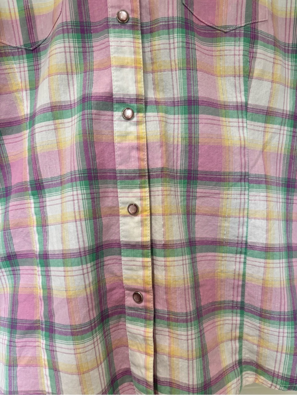 Wrangler Blues Sz L Cotton Plaid Metallic Shirt Pink Pearl Snap Buttons Western - Picture 4 of 10